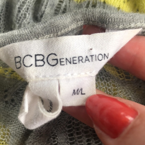 BCBG Generation Light Gray Yellow Sheer Slouchy Striped Openwork Sweater - Picture 7 of 9